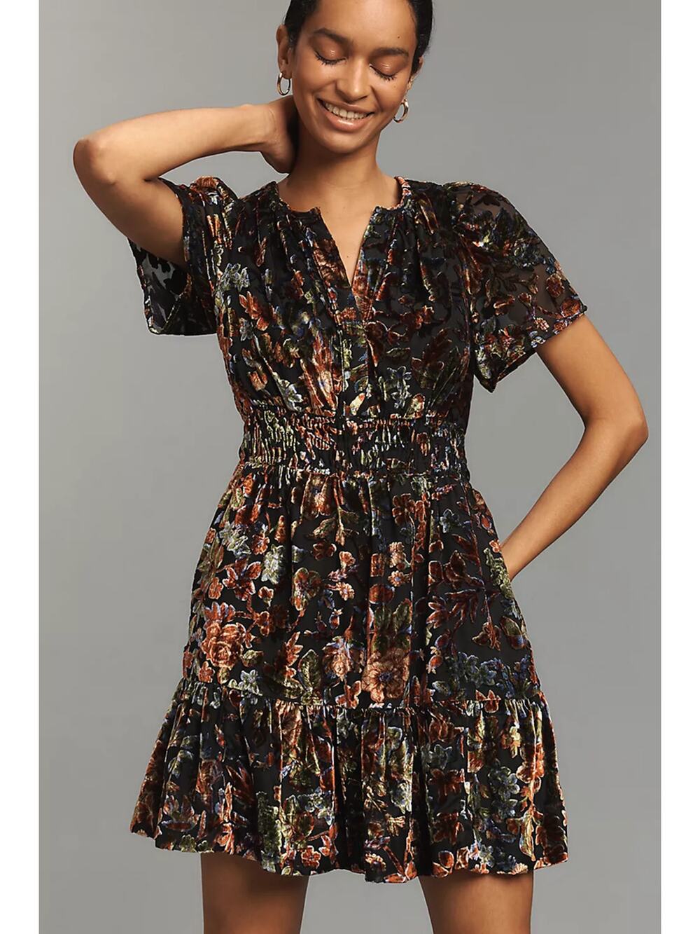 Anthropologie The Somerset Velvet Floral V-Neck Mini Dress Black M NWT